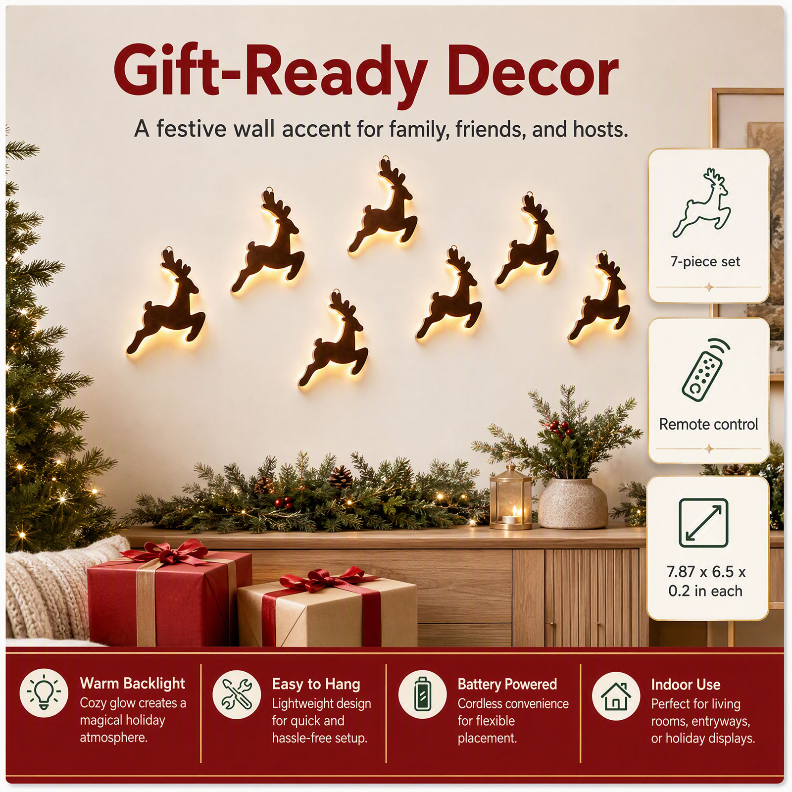 Lighting Christmas Decor - 7 stuks LED houten rendier wanddecoratie